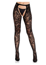 Eyelet Rose Lace Crotchless Tights with Cheeky Open Back - Black - One Size