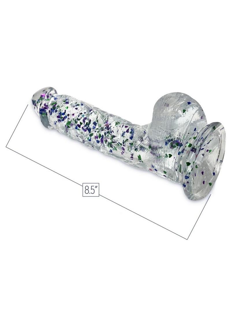 Glittergasm Realistic Clear Dildo with Balls and Suction Cup - Blue/Purple/Violet Glitter
