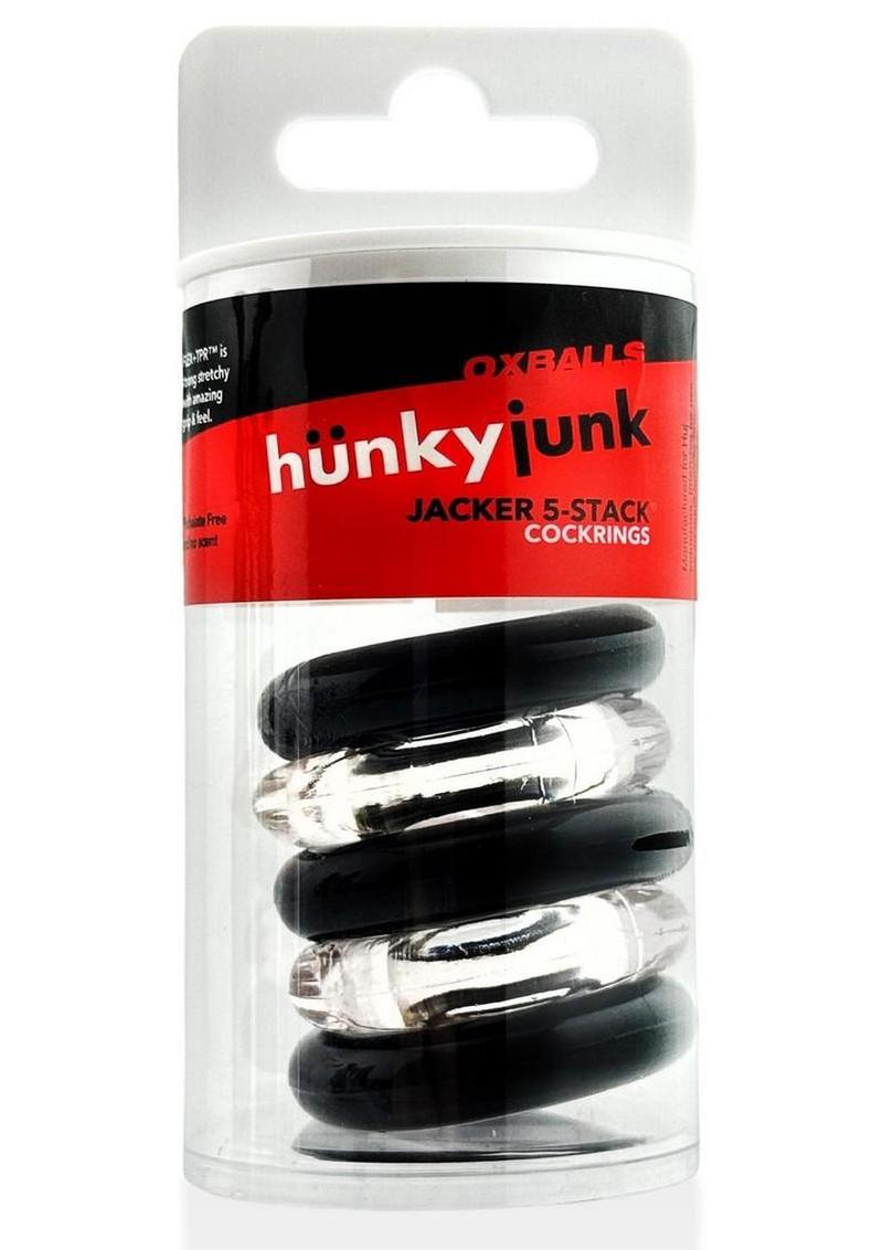 Hunkyjunk Jacker 5 Stack Super-Strong Cockrings - Black/Clear - 5 Pack