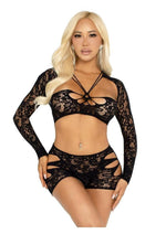 Leg Avene Lace Cut-Out Bra Top, Attached Shrug, and Boy Shorts - Black - One Size - 2 Piece