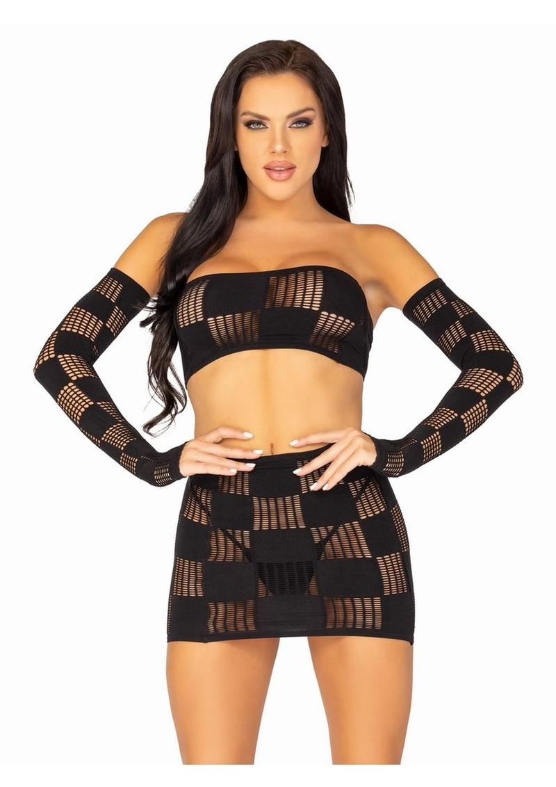 Leg Avenue Checkerboard Net and Opaque Bandeau Mini Skirt and Arm Warmers - Black - One Size