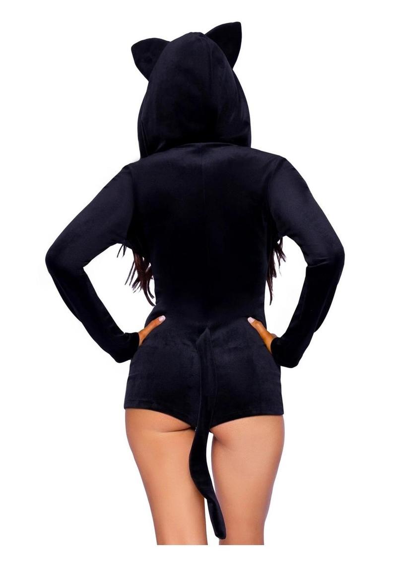 Leg Avenue Comfy Cat Ultra-Soft Velvet Plush Zip Up Romper with Bell Zipper Pull, Ear Hood, and Kitty Tail - Black - Medium