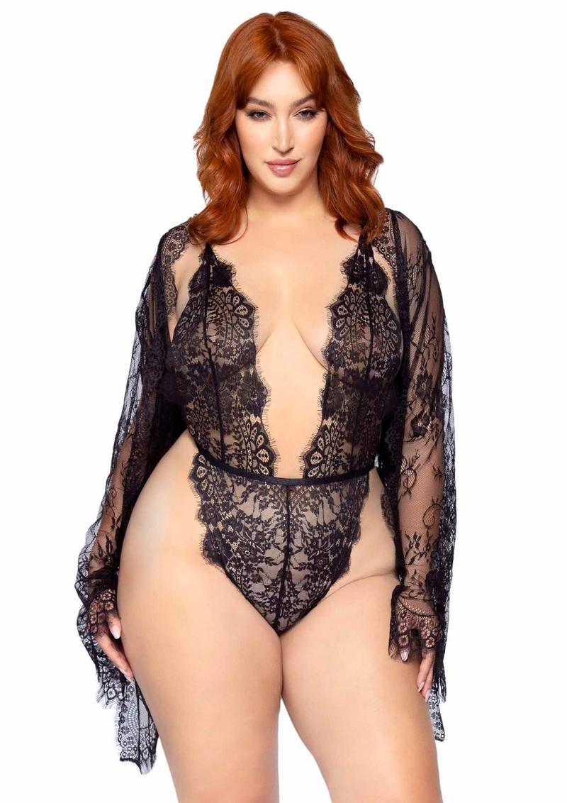 Leg Avenue Floral Lace Teddy with Adjustable Straps and Cheeky Thong Back, Matching Lace Robe with Scalloped Trim and Satin Tie