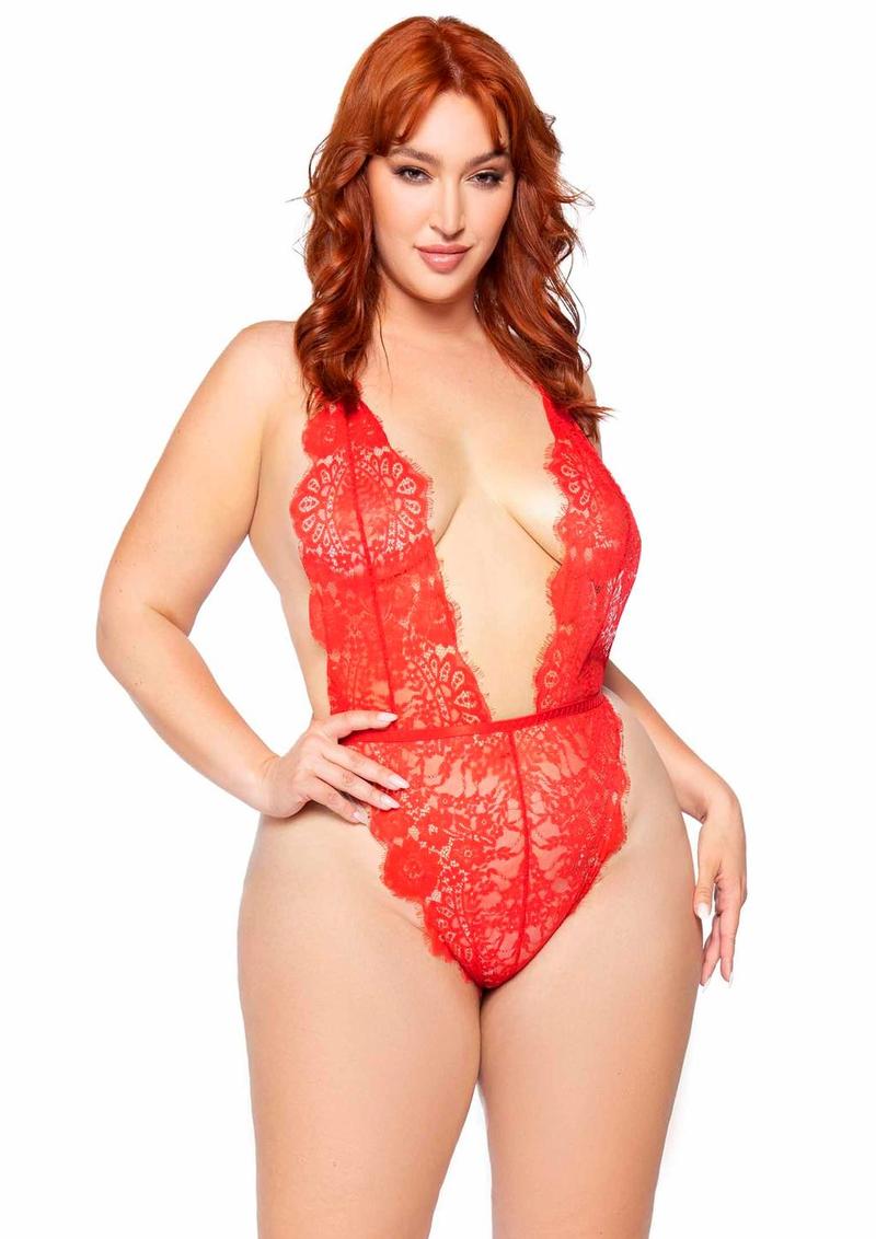 Leg Avenue Floral Lace Teddy with Adjustable Straps and Cheeky Thong Back, Matching Lace Robe with Scalloped Trim and Satin Tie - Red - Queen/XLarge/XXLarge - 3 Pieces