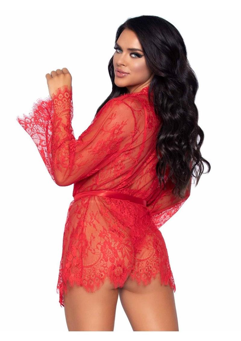 Leg Avenue Floral Lace Teddy with Adjustable Straps and Cheeky Thong Back Matching Lace Robe with Scalloped Trim and Satin Tie - Red - Large