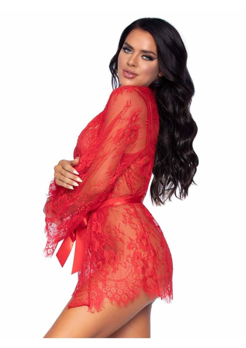 Leg Avenue Floral Lace Teddy with Adjustable Straps and Cheeky Thong Back Matching Lace Robe with Scalloped Trim and Satin Tie - Red - Medium