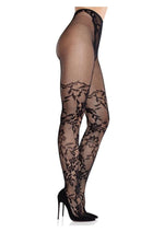 Leg Avenue French Cut Dahlia Lace Tights with Net Thigh Detail - Black - One Size
