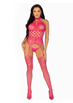 Leg Avenue High Neck Halter Hardcore Net and Lace Suspender Bodystocking - Raspberry/Red - One Size