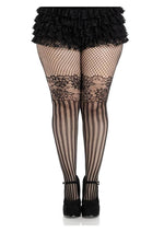 Leg Avenue Illusion Lace Top Net Striped Tights - 1x/2x - Black