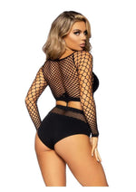 Leg Avenue Industrial Net Long Sleeved Crop Top and High Waist Full Back Opaque Bottoms - Black - One Size - 2 Piece