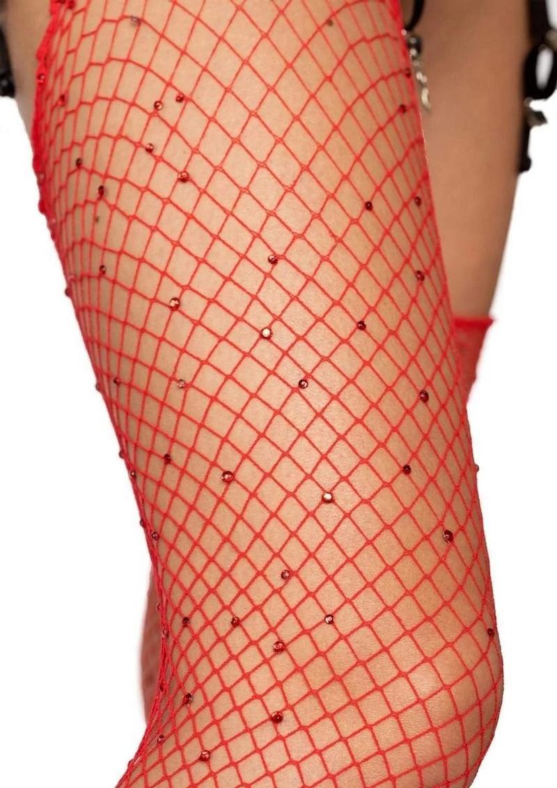 Leg Avenue Rhinestone Fishnet Stockings - Red - One Size