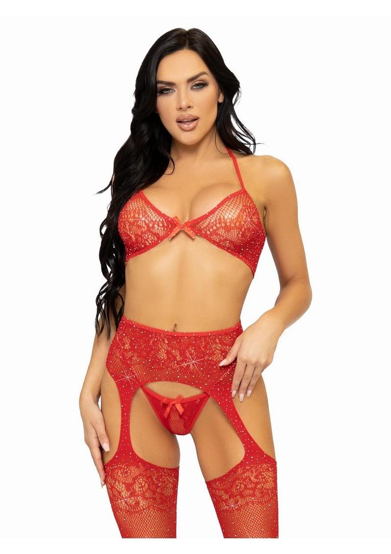 Leg Avenue Rhinestone Lace Bra Top, G-String, and Fishnet Garter Belt Stocking