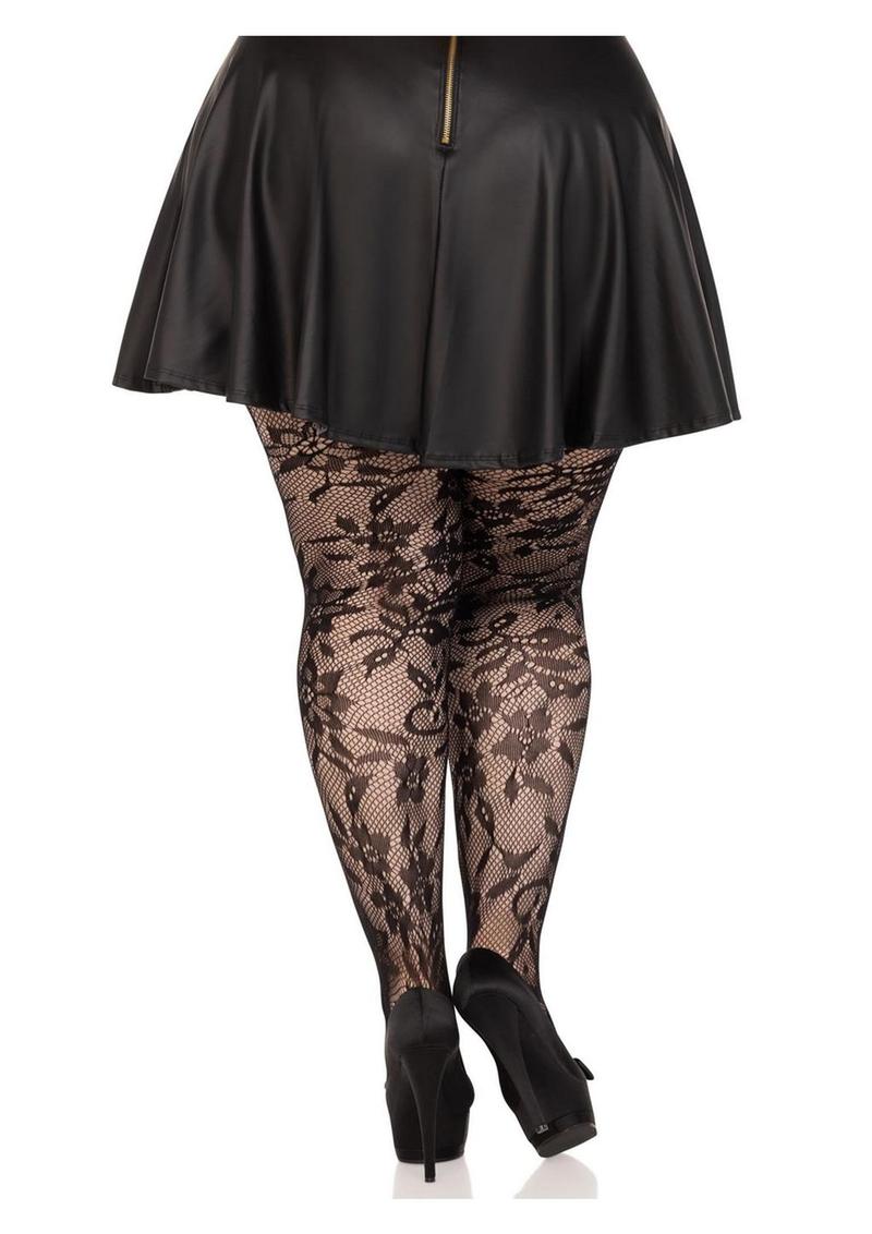 Leg Avenue Seamless Chantilly Floral Lace Tights - 1x-2x - Black