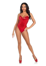 Leg Avenue Sequin Boned Snap Crotch Bodysuit with Detachable Clear Strap - Red - Medium - 2 Piece