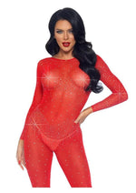 Leg Avenue Sheer Rhinestone Catsuit - Red - Small