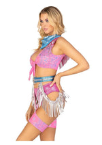 Leg Avenue Space Cowgirl Set Bandana Print Tie Front Crop Top with Fringe Trim, High Waist Bottoms with Attached Chaps, Belt with Fringe Detail, and Neck Bandana - Multicolor - Medium - 4 Piece