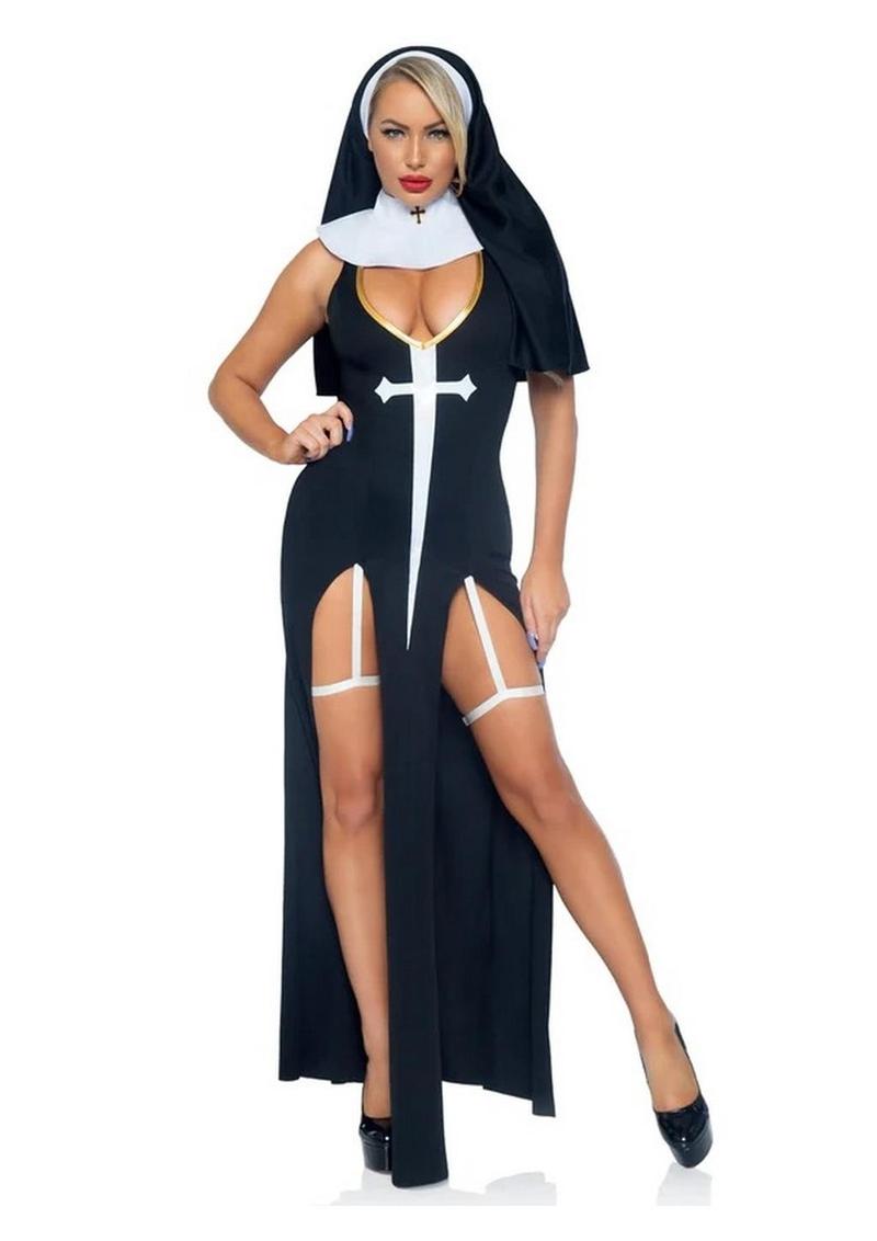 Leg Avenue Sultry Sinner Dual Slit Garter Dress with Vinyl Cross Detail, Vinyl Collar, and Nun Habit - Black/White - Medium - 3 Piece