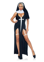 Leg Avenue Sultry Sinner Dual Slit Garter Dress with Vinyl Cross Detail, Vinyl Collar, and Nun Habit - Black/White - Medium - 3 Piece