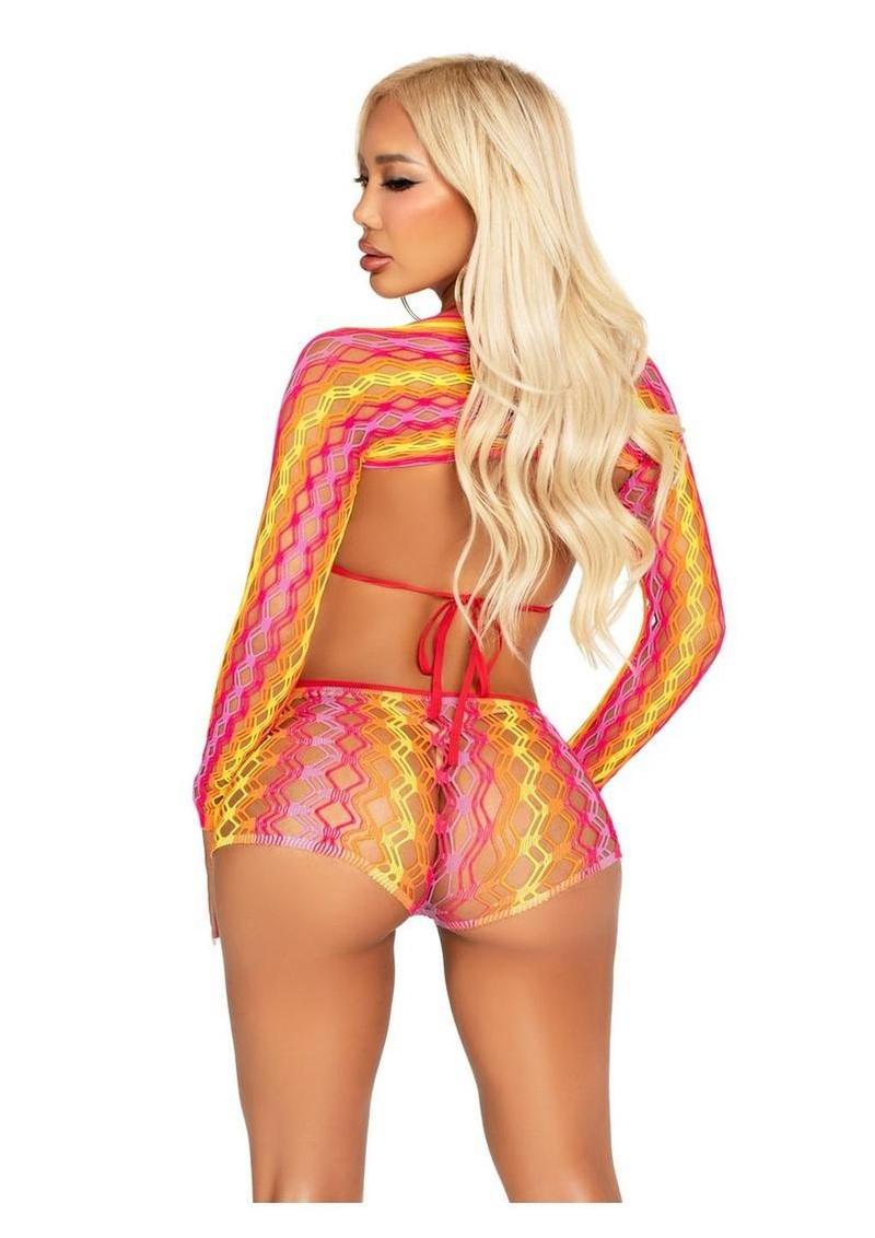 Leg Avenue Zig Zag Net Bikini Top, Boyshorts, and Shrug