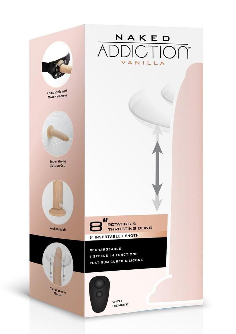 Naked Addiction Rotating and Thrusting Vibrating Rechargeable Silicone Dong with Remote Control - Vanilla - 8in