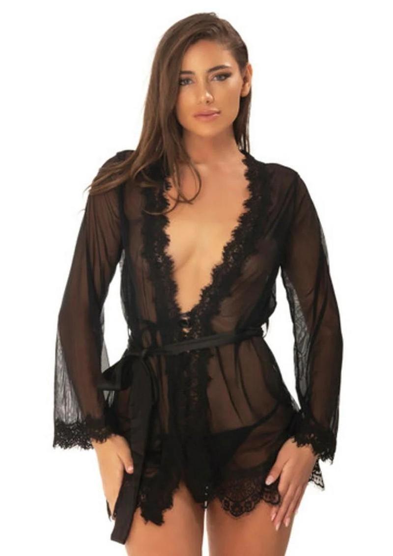 Oh LA LA Provence Short Sheer Robe - Black - Large/XLarge