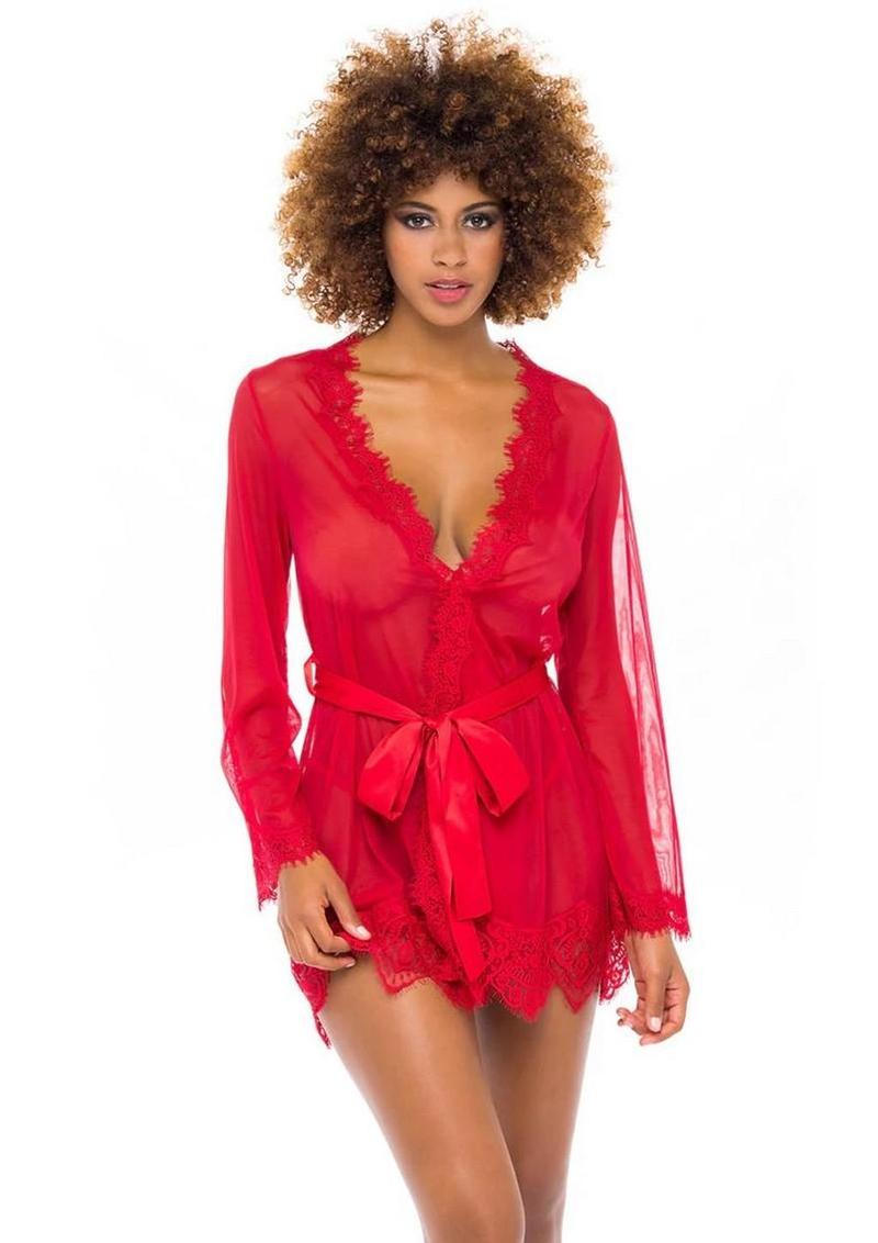 Oh LA LA Provence Short Sheer Robe - Red - Medium/Small