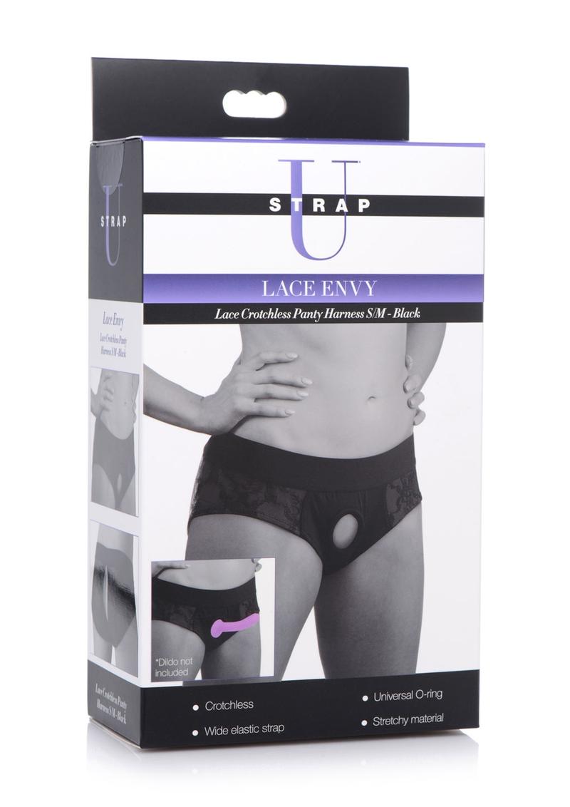 Strap U Lace Envy Black Crotchless Panty Harness - S/M