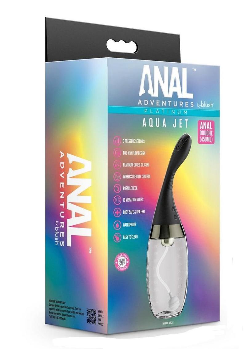 Anal Adventures Platinum Aqua Jet Rechargeable Silicone Anal Douche with Remote - Black/Clear