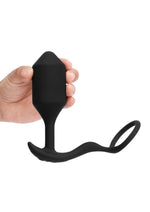 B-Vibe Vibrating Snug and Tug Rechargeable Silicone Cock Ring Andamp; Anal Plug - Black - XLarge