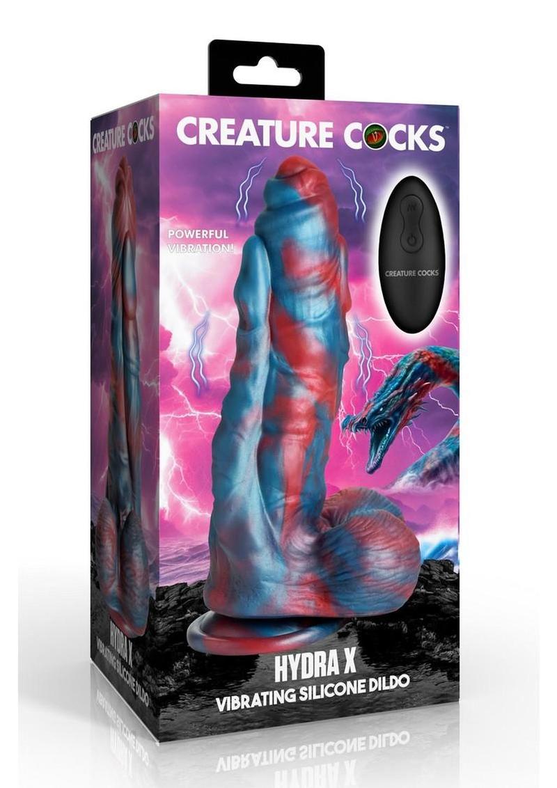 Creature Cocks Hydra X Vibrating Rechargeable Silicone Dildo with Remote - Blue/Red