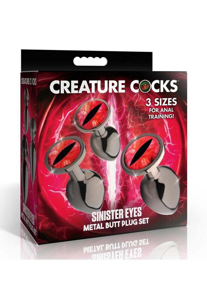 Creature Cocks Red Eye Metal Butt Plug - Black/Metal/Red - 3 Piece/Set