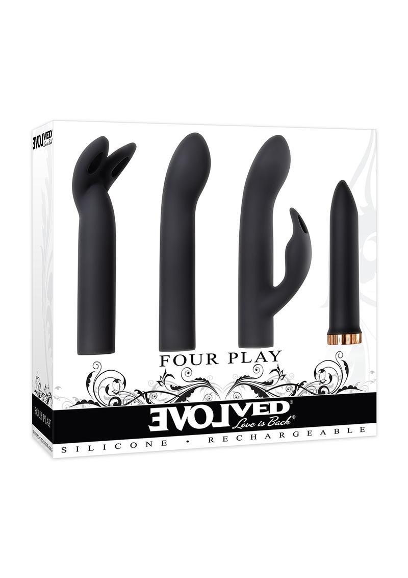 Four Play Rechargeable Bullet with 3 Silicone Sleeves Kit - Black