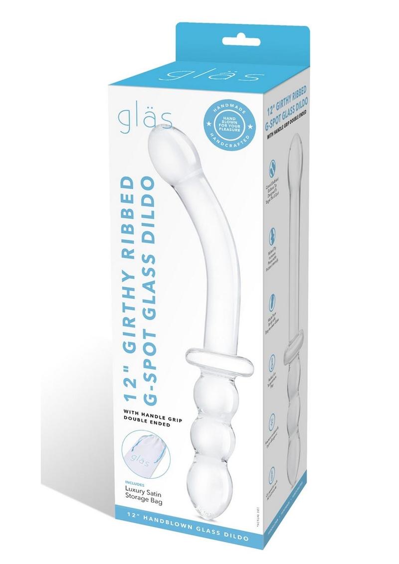 Glas Girthy Ribbed G-Spot Glass Dildo with Handle Grip Double End