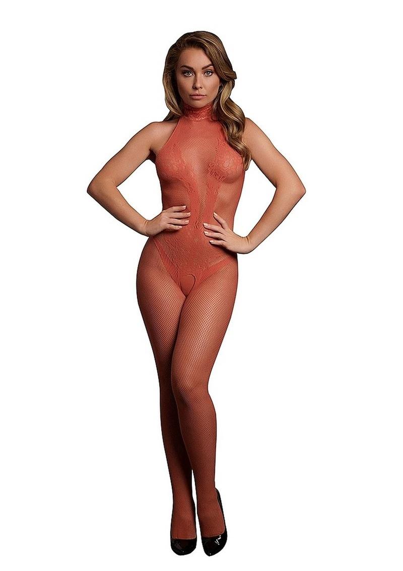 Le Desir Fishnet and Lace Bodystocking - One Size - Sunset Glow