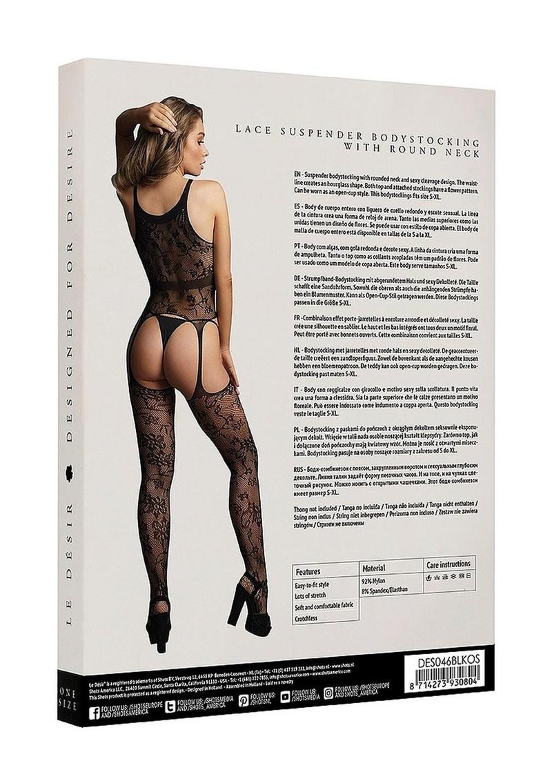 Le Desir Lace Suspender Bodystocking with Round Neck