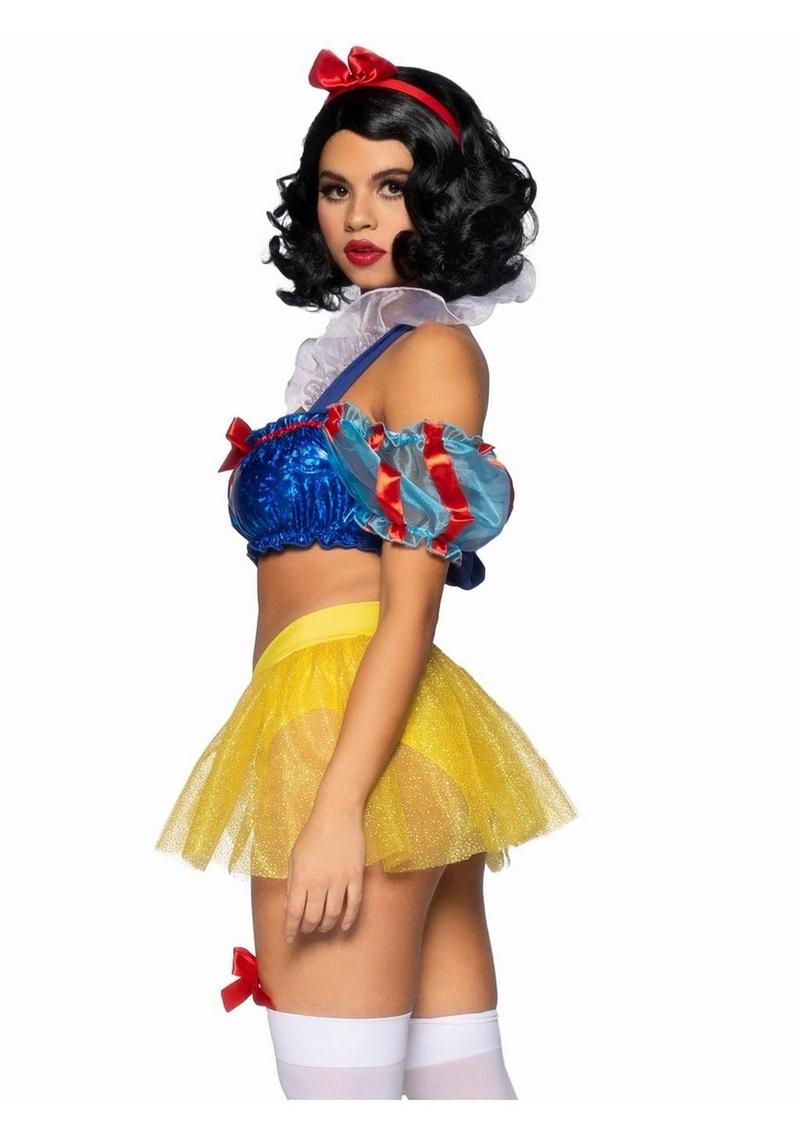 Leg Avenue Bad Apple Snow White, Shimmer Halter Bandeau with Organza Puff Sleeves and Ruffle Collar, Garter Panty with Shimmer Sheer Skirt, and Matching Bow Headband - Multicolor - Medium - 3 Piece