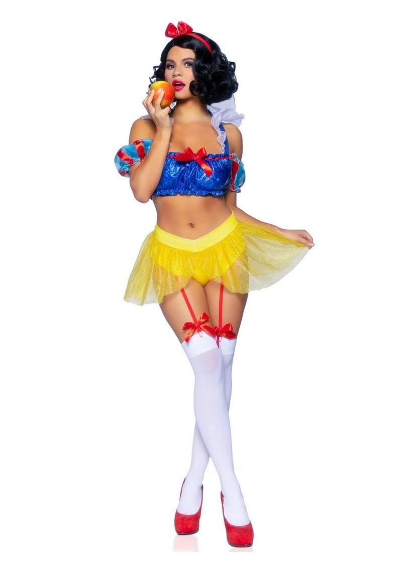 Leg Avenue Bad Apple Snow White, Shimmer Halter Bandeau with Organza Puff Sleeves and Ruffle Collar, Garter Panty with Shimmer Sheer Skirt, and Matching Bow Headband - Multicolor - XSmall - 3 Piece