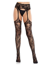 Leg Avenue Bloom Net Stockings with Cut-Out Thigh Detail and Attached Garter Belt