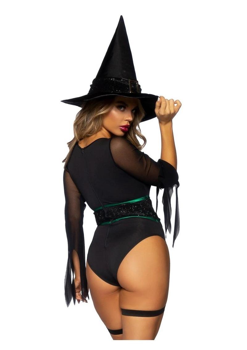 Leg Avenue Broomstick Babe Bodysuit with Lace Up Deep-V and Waist Cincher Buckle Accent, Attached Garters, and Witch Hat - Black - Large - 2 Piece