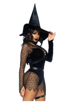 Leg Avenue Crafty Witch Snap Crotch Velvet Bodysuit with Distressed Net and Attached Garter, Choker Body Harness, and Matching Velvet Witch Hat - Black - Large - 3 Piece