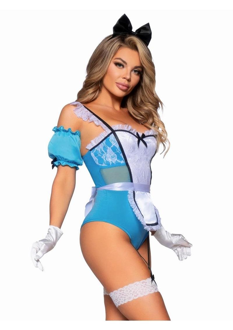 Leg Avenue Curious Miss Alice Lace Trimmed Garter Bodysuit with Sheer Panels, Puff Sleeves, Apron, and Bow Headband - Blue/White - Medium - 4 Piece