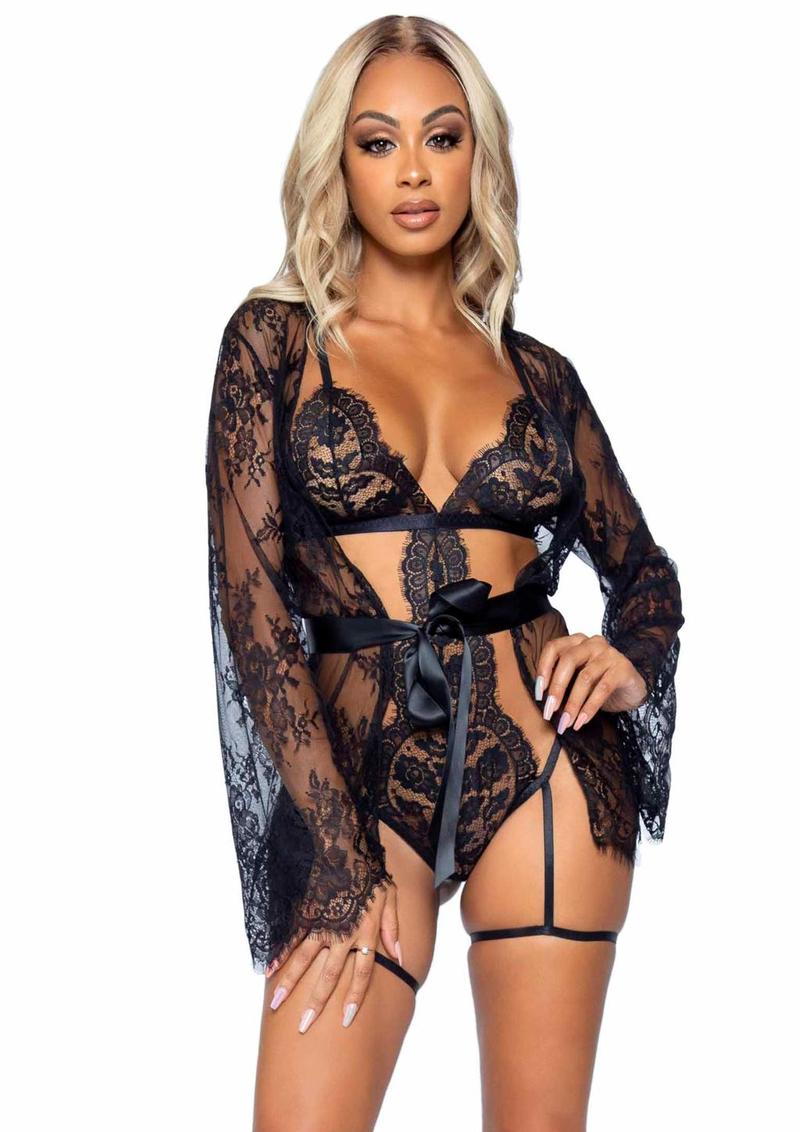 Leg Avenue Eyelash Lace Garter Teddy with G-String Back and Adjustable Straps, Lace Robe and Ribbon Tie