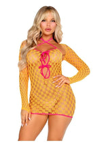 Leg Avenue Eyelet Net Mini Dress with Tie-Front Keyhole Detail and Shrug - One Size - 2 Piece