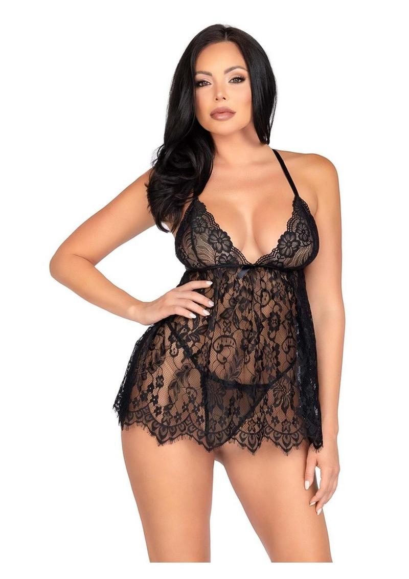 Leg Avenue Floral Lace Babydoll with Eyelash Lace Scalloped Hem Adjustable Cross-Over Straps and G-String Panty - Black - Large