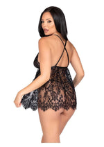 Leg Avenue Floral Lace Babydoll with Eyelash Lace Scalloped Hem Adjustable Cross-Over Straps and G-String Panty - Black - Small