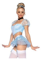 Leg Avenue Glass Slipper Cinderella Boned Sweetheart Crop Top with Organza Sleeves, Garter Panty with Shimmer Sheer Skirt, Ribbon Choker, and Matching Hair Band - Blue - Small - 4 Piece