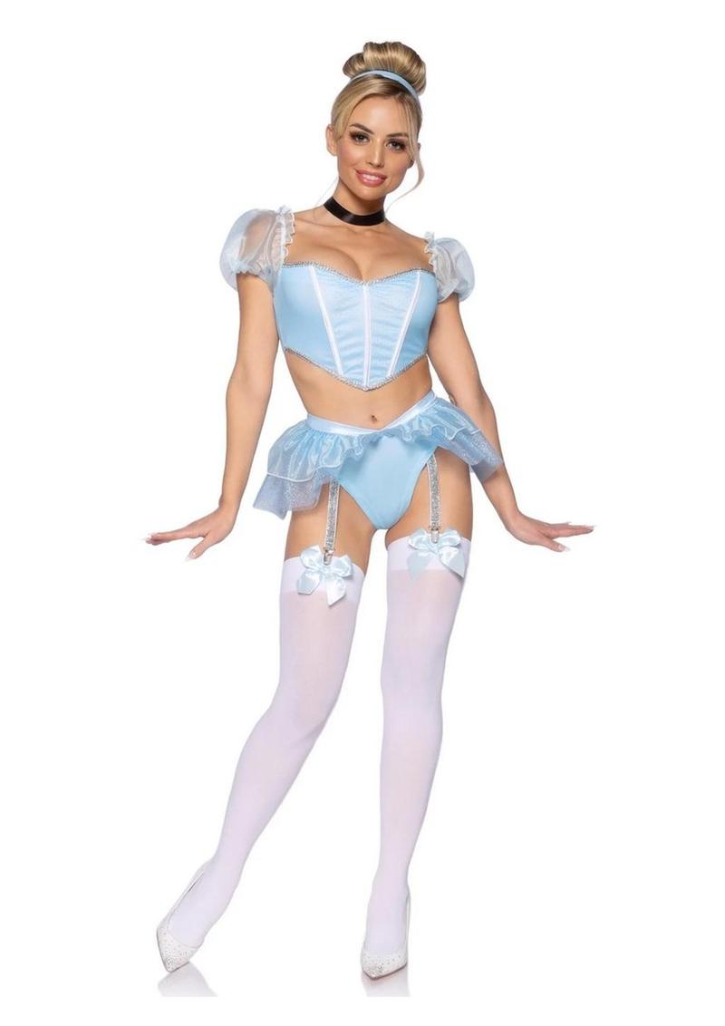 Leg Avenue Glass Slipper Cinderella Boned Sweetheart Crop Top with Organza Sleeves, Garter Panty with Shimmer Sheer Skirt, Ribbon Choker, and Matching Hair Band