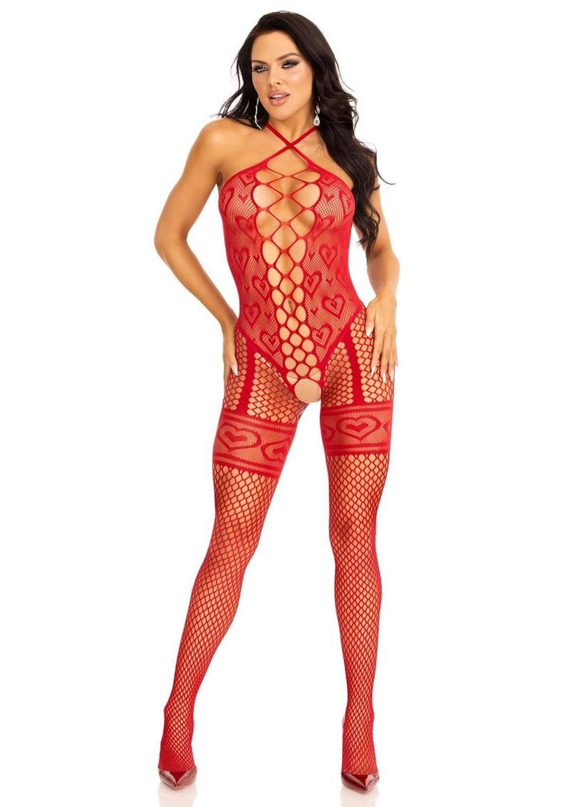 Leg Avenue Heart Net Halter Bodystocking with Faux Lace Up Front and Leg Garter Detail - Red - One Size