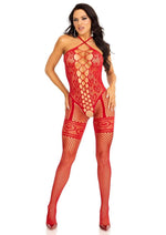 Leg Avenue Heart Net Halter Bodystocking with Faux Lace Up Front and Leg Garter Detail - Red - One Size