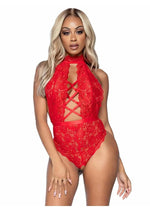 Leg Avenue High Neck Floral Lace Backless Teddy with Lace Up Accents and Crotchless Thong Panty - Red - Medium